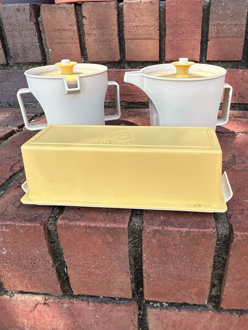 Vintage 1970s Tupperware Almond Harvest Gold Creamer, Sugar Pitcher & Butter Set